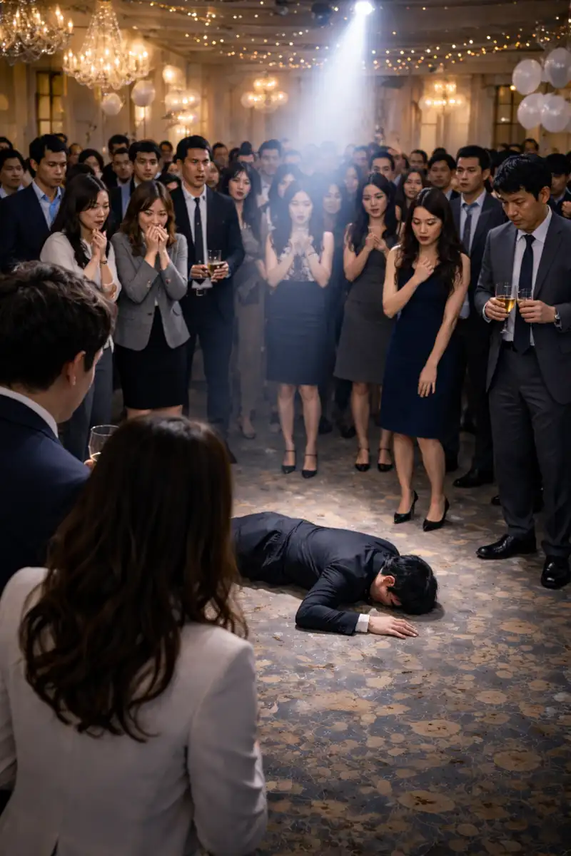 パーティー会場で倒れた人物にスポットライトが当たり、驚く参加者たち